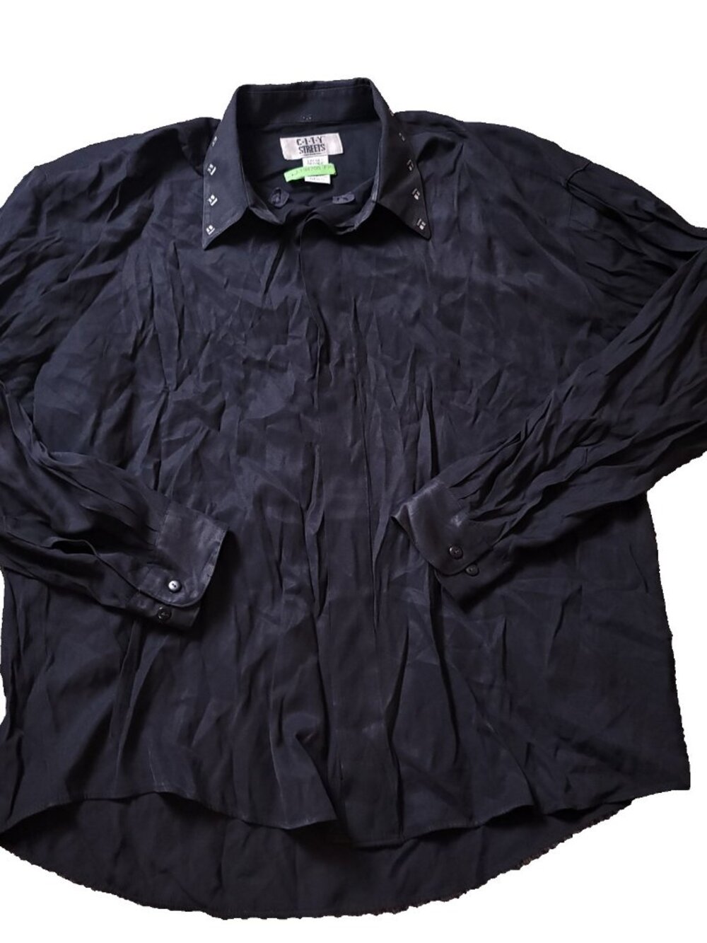 VINTAGE City Streets Button Shirt Mens L Large Black Rayon Long Sleeve